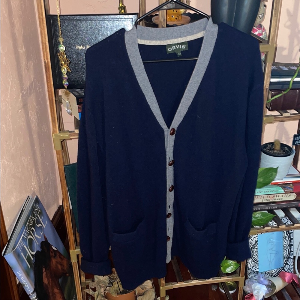 Orvis Men's Dark Blue and Gray Cardigan Sweater